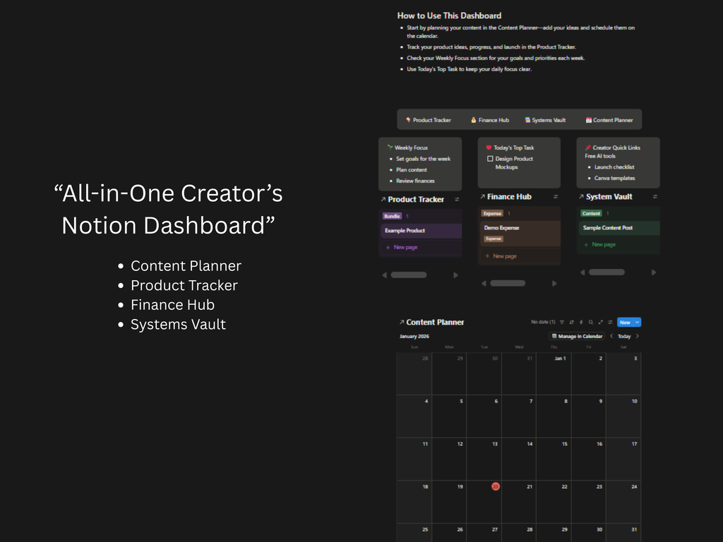 All-in-One Creator Notion Dashboard | Content Planner, Product Tracker, Finance & Systems Hub